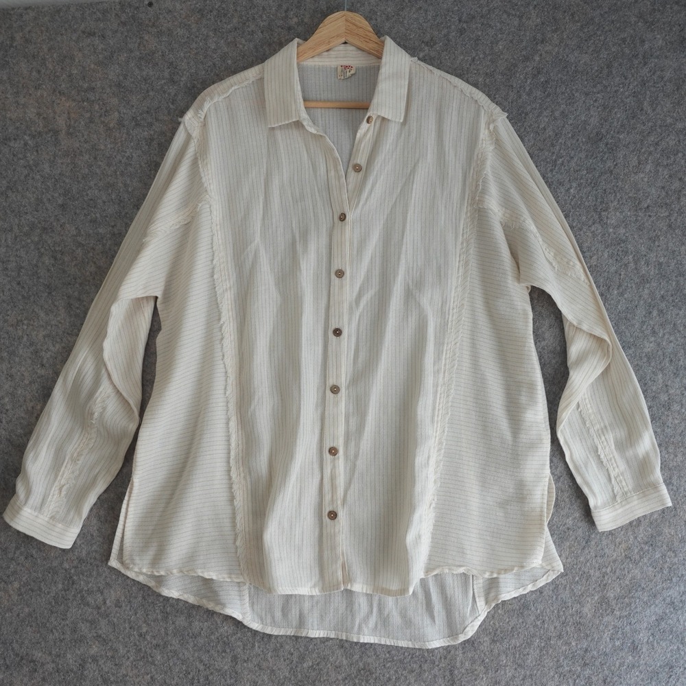 Joah Button Down Shirt Womens L Cream Striped Raw Hem Boho Gauzy Cotton Summer